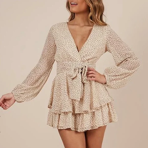 Showpo | On Rotation Playsuit Romper Dress with Tie Polka Dots Brown Australia - Picture 1 of 6